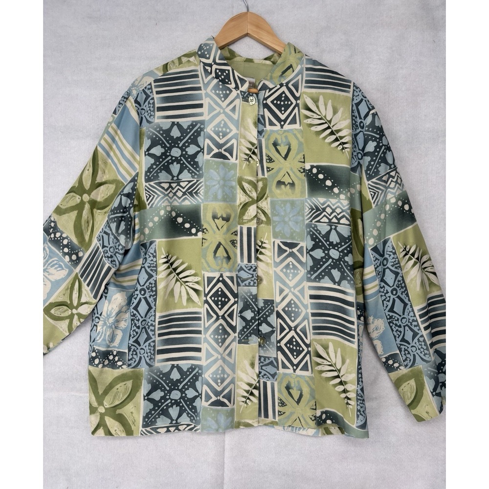 Coldwater Creek Womens Silk Jacket XL Mandarin Collar Green Floral Patchwork